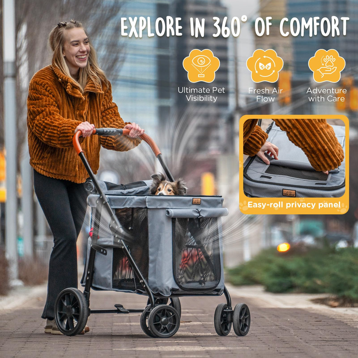 Heavy Duty Foldable Pet Stroller with All-Terrain Wheels, 55 lbs Capacity, Grey G8788