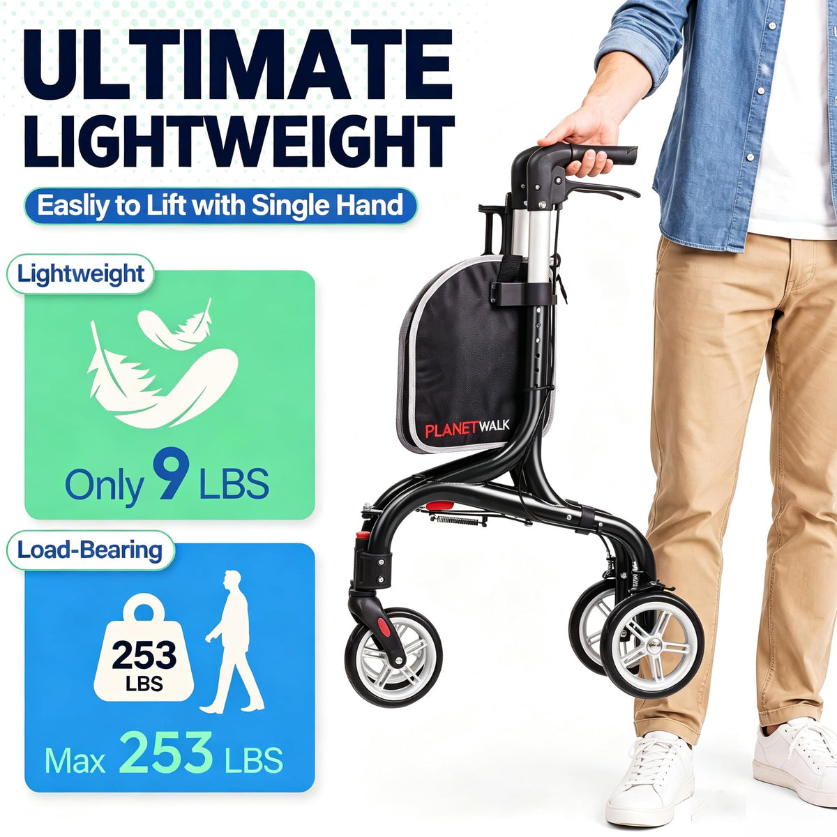 Super Lightweight 3 Wheel Foldable Aluminum Walker with Cup Holder, Black M373251