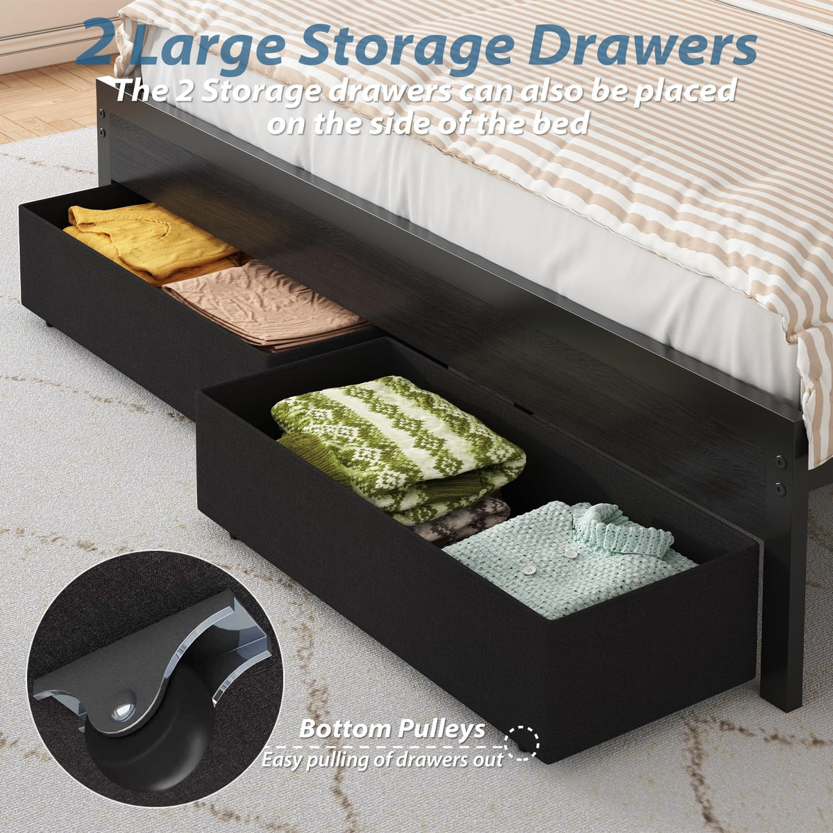 Black Upholstered Bed Frame with Storage Headboard, 4 Drawers, LED Lights, and Charging Station M9086