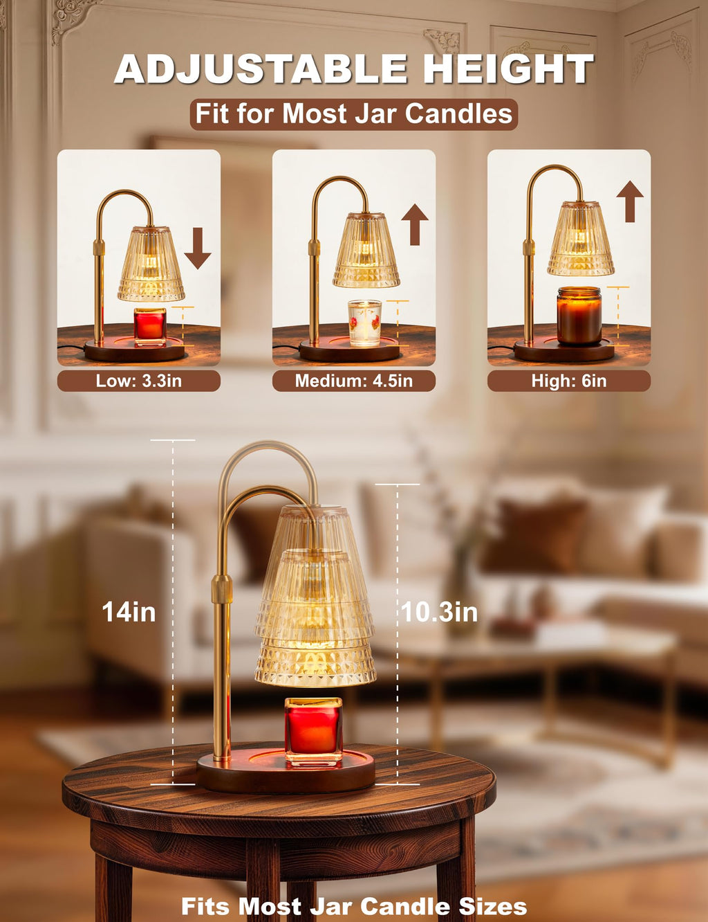 Candle Warmer Lamp with Dimmer & Timer, Adjustable Height, Amber-gold P383599