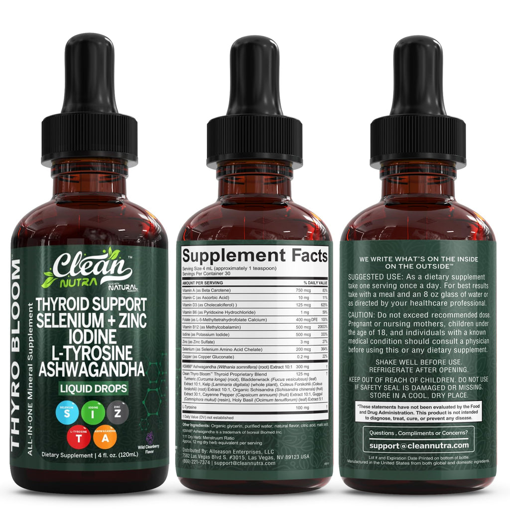 Liquid Thyroid Support Drops with Iodine Selenium Zinc Ashwagandha 4oz U160703