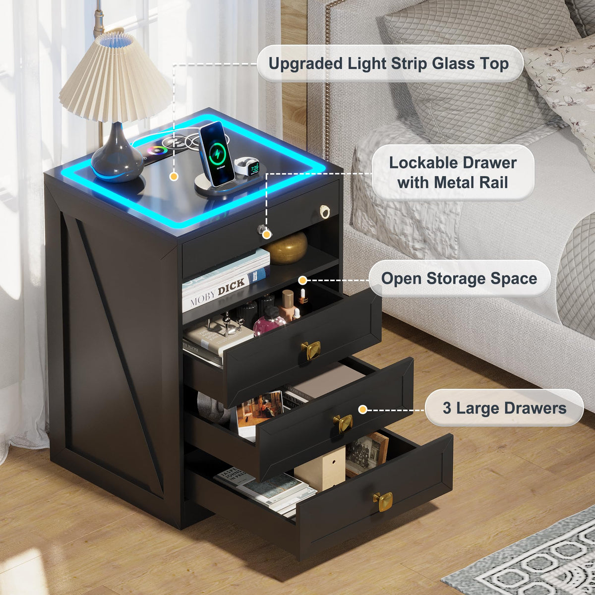 Black Glass Top LED Nightstand with Wireless Charger T567300