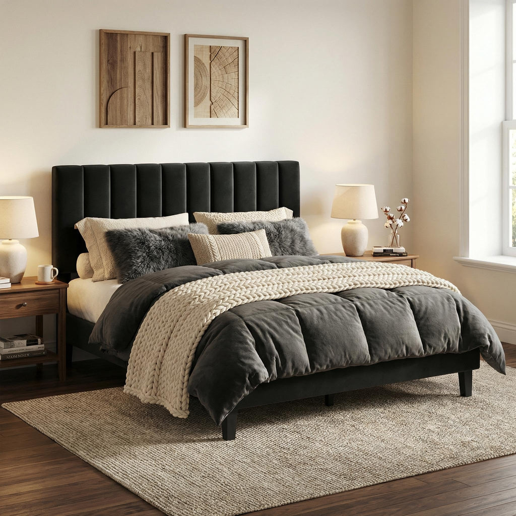 Queen Size Platform Bed Frame with Upholstered Headboard F149
