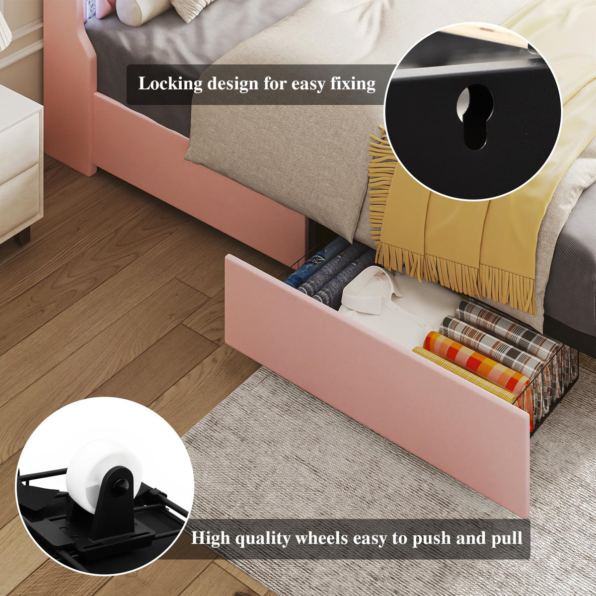 Pink Upholstered Full Size Bed Frame with Storage Headboard and 2 Drawers P901102