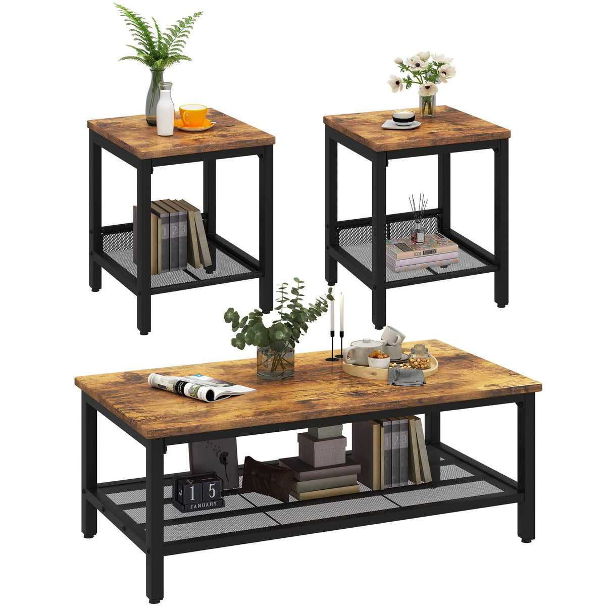 3 Pieces Coffee Table Set with 2 End Side Tables D4459