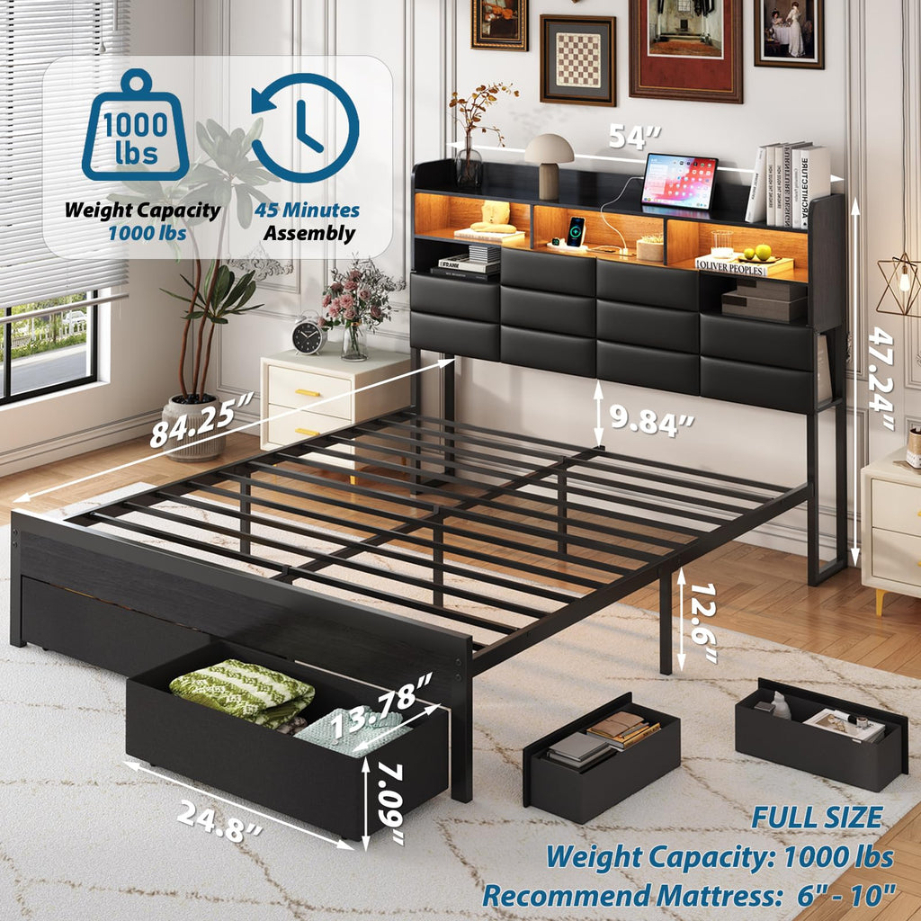 Black Upholstered Bed Frame with Storage Headboard, 4 Drawers, LED Lights, and Charging Station M9086