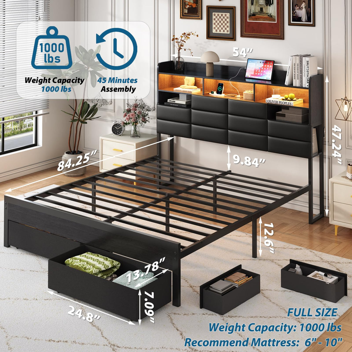 Black Upholstered Bed Frame with Storage Headboard, 4 Drawers, LED Lights, and Charging Station M9086