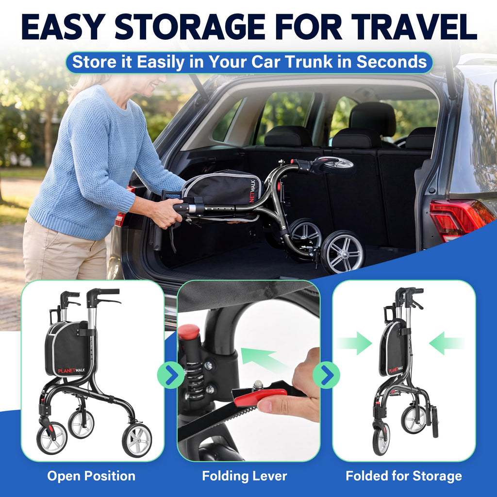Super Lightweight 3 Wheel Foldable Aluminum Walker with Cup Holder, Black M373251