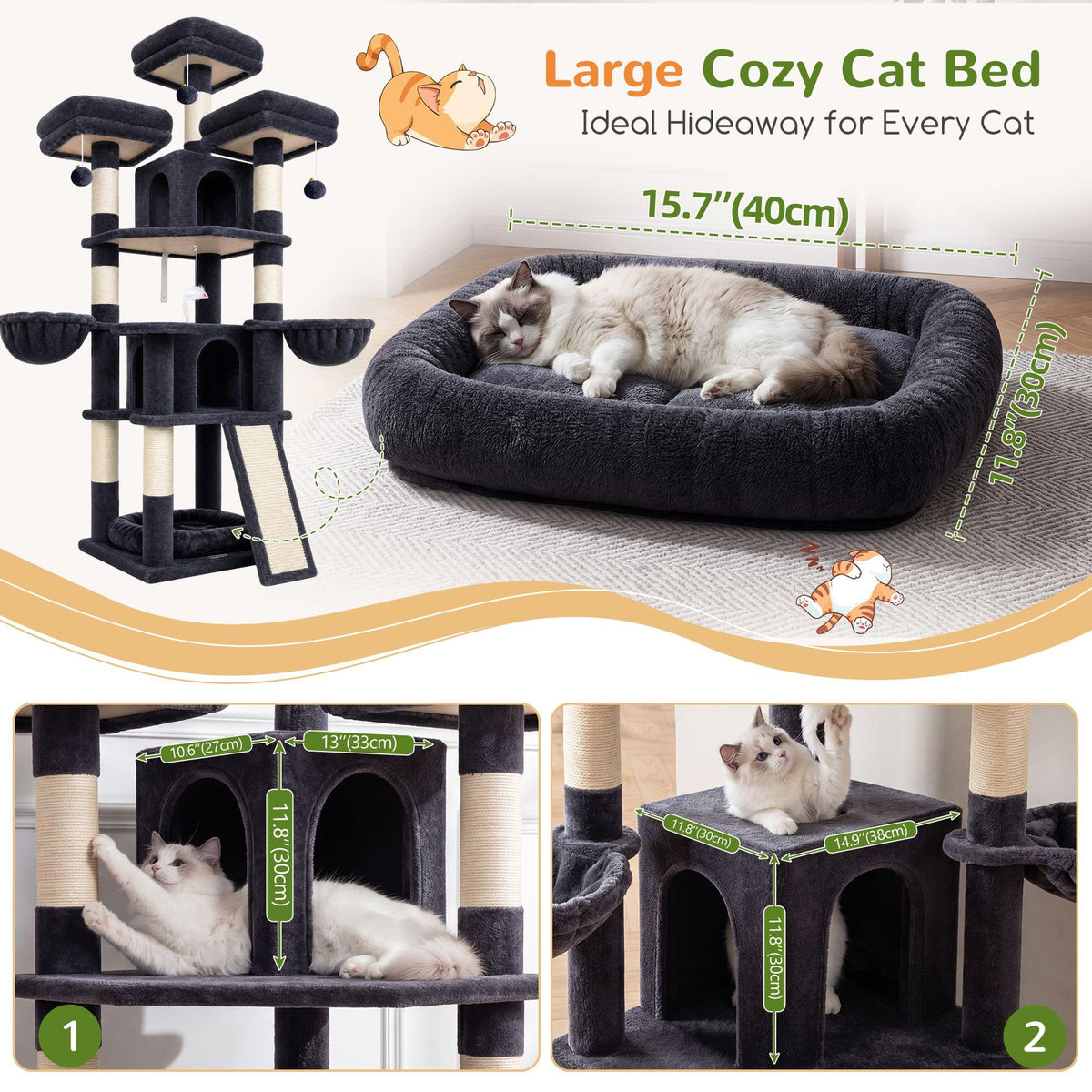 70 Inch Dark Gray Cat Tree with Scratching Post U602932