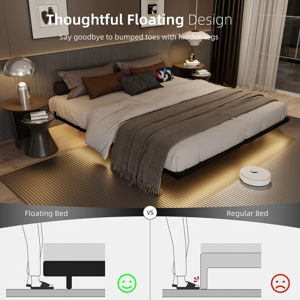 King Size Metal Platform Bed Frame with Charging Station and LED Lights U791