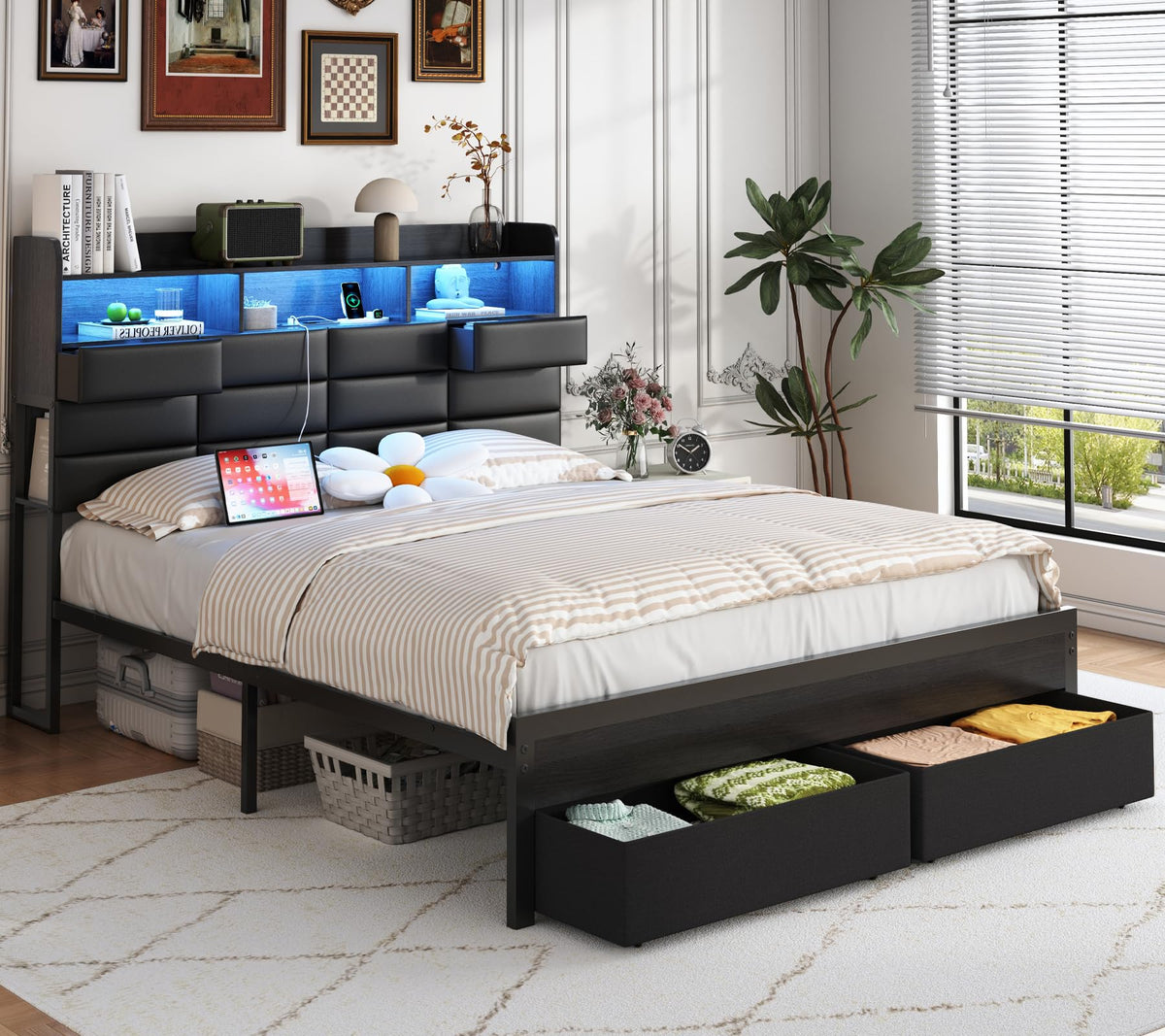 Black Upholstered Bed Frame with Storage Headboard, 4 Drawers, LED Lights, and Charging Station M9086