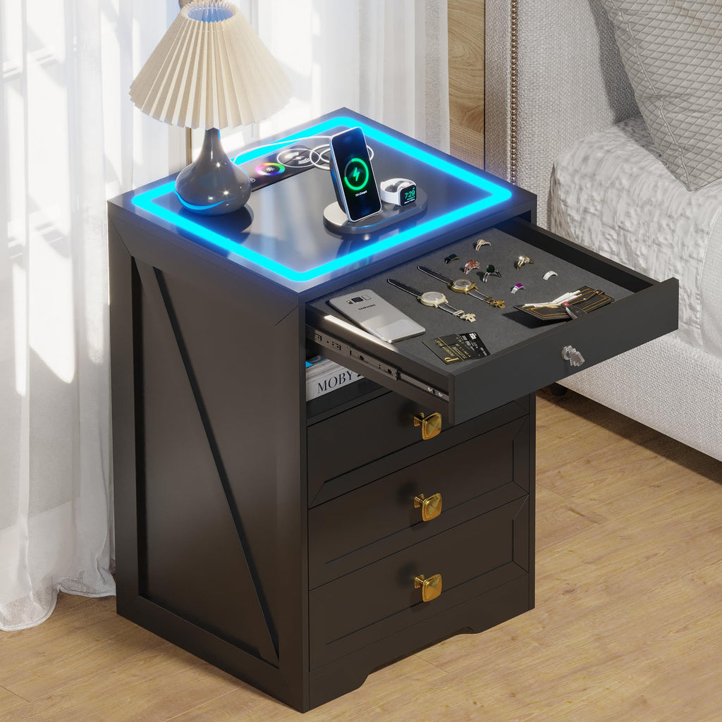 Black Glass Top LED Nightstand with Wireless Charger T567300