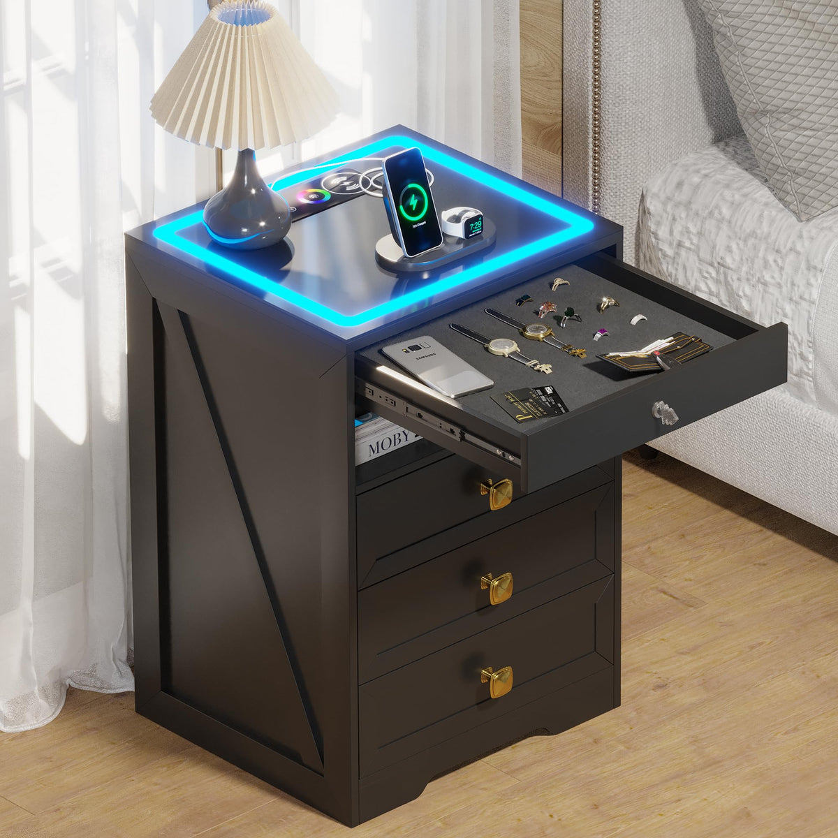 Black Glass Top LED Nightstand with Wireless Charger T567300