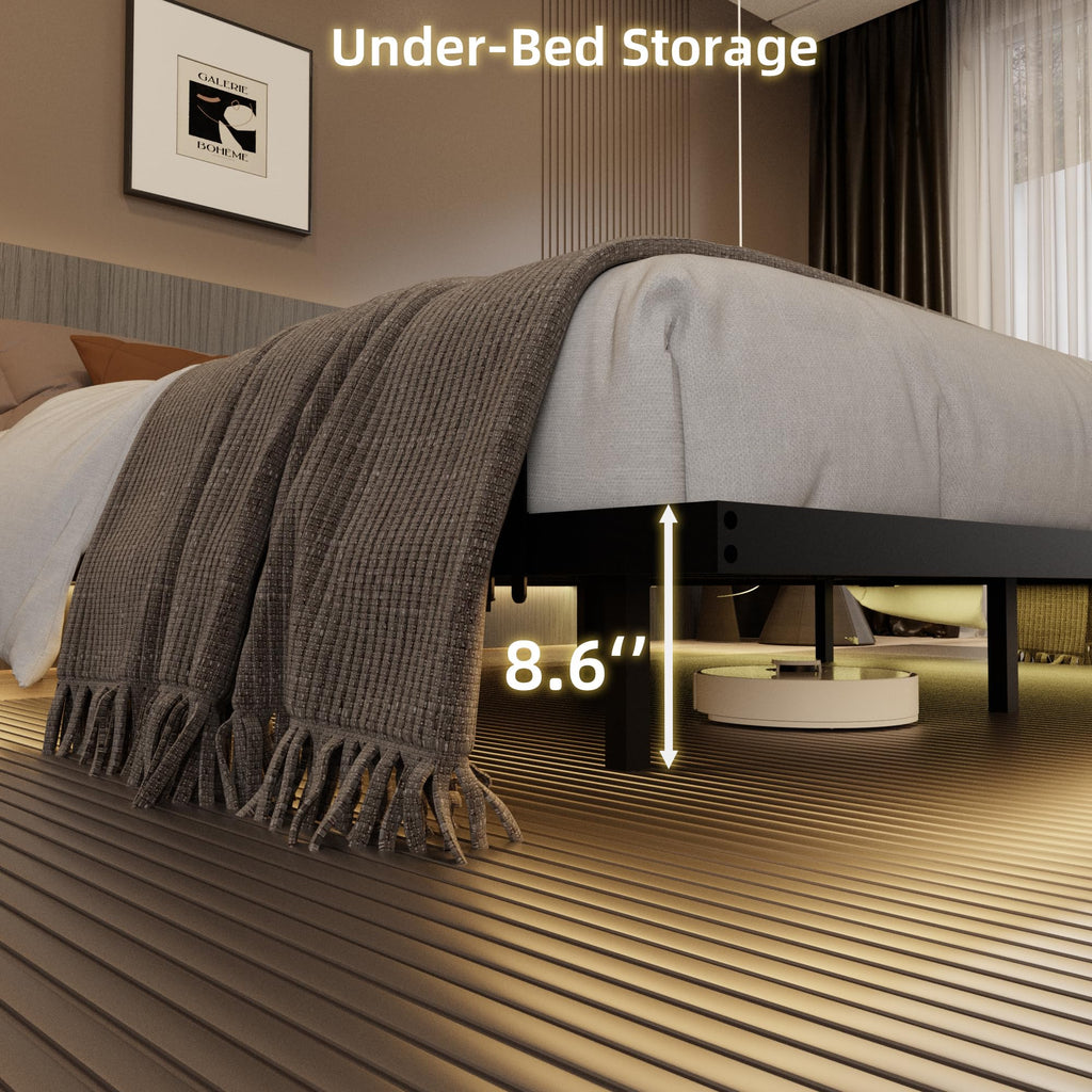 King Size Metal Platform Bed Frame with Charging Station and LED Lights U791