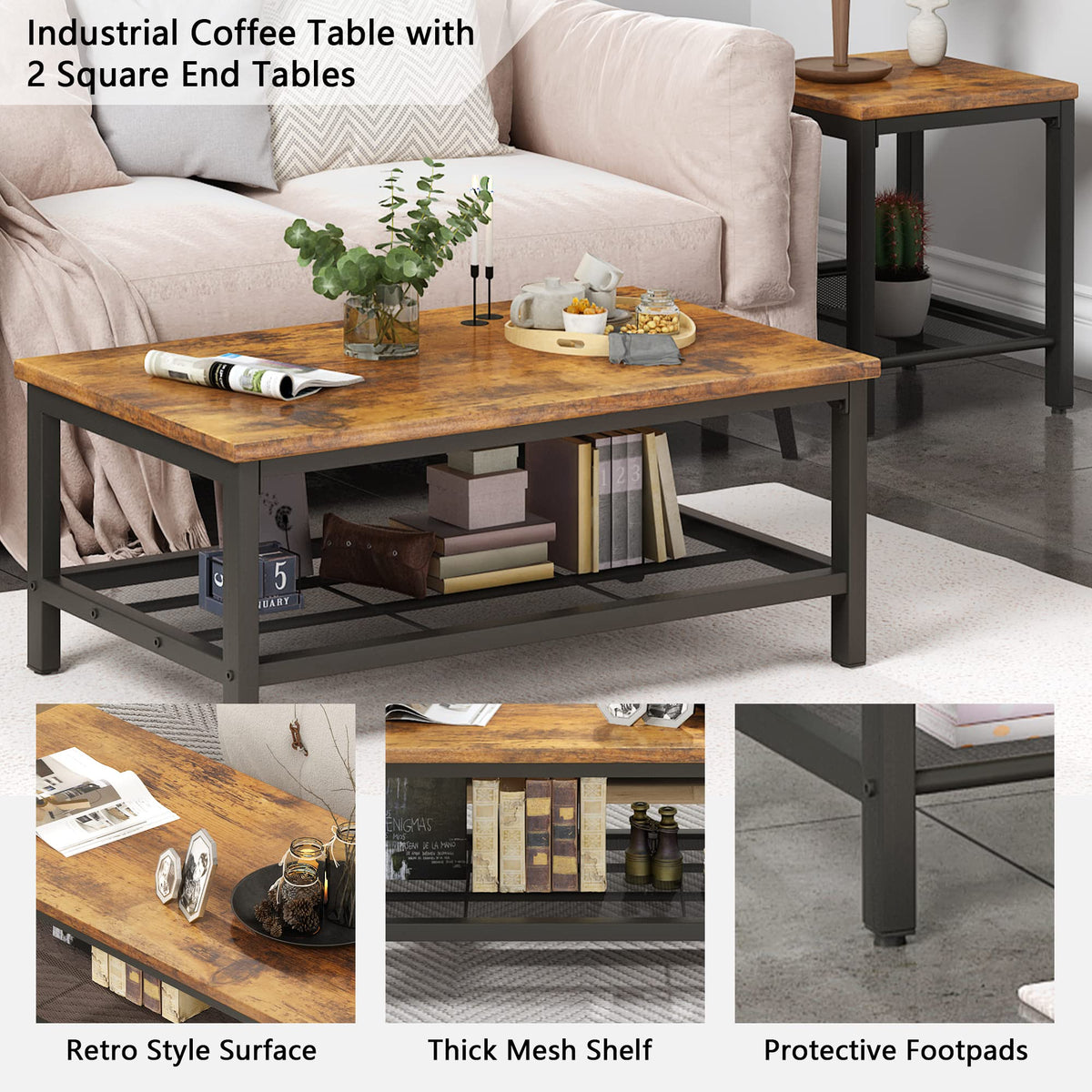 3 Pieces Coffee Table Set with 2 End Side Tables D4459