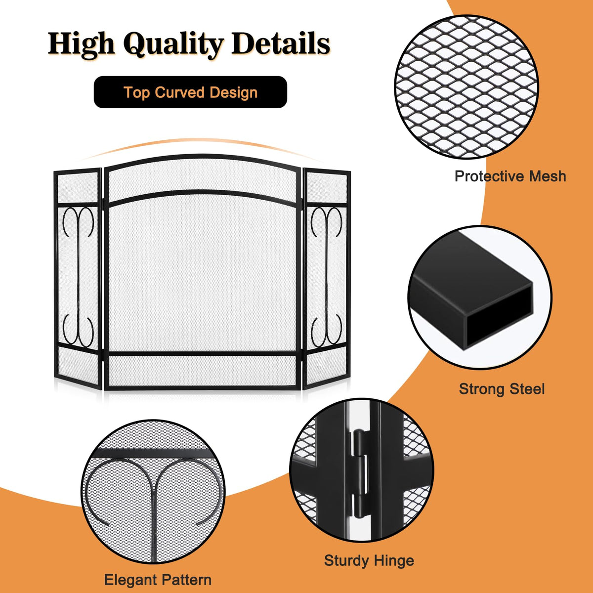 Heavy Duty 3 Panel Wrought Iron Fireplace Screen C2658