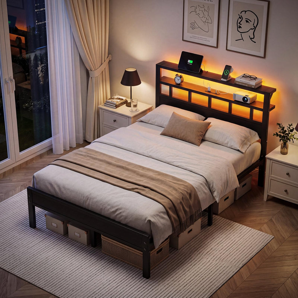Full Size Bed Frame with Charging Station and LED W100858