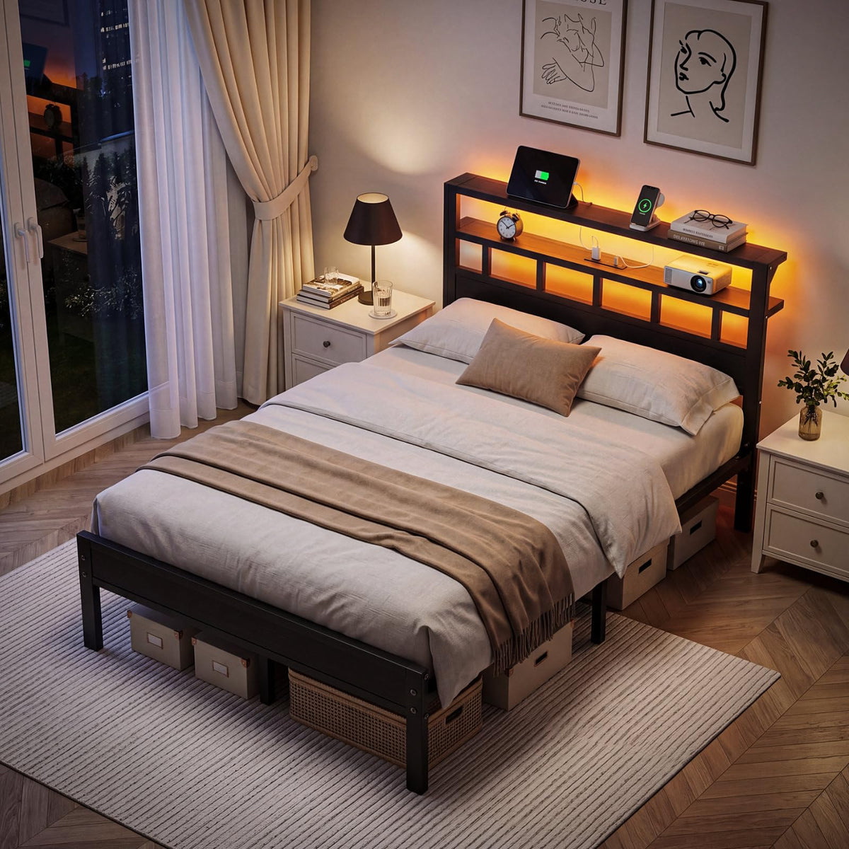 Full Size Bed Frame with Charging Station and LED W100858