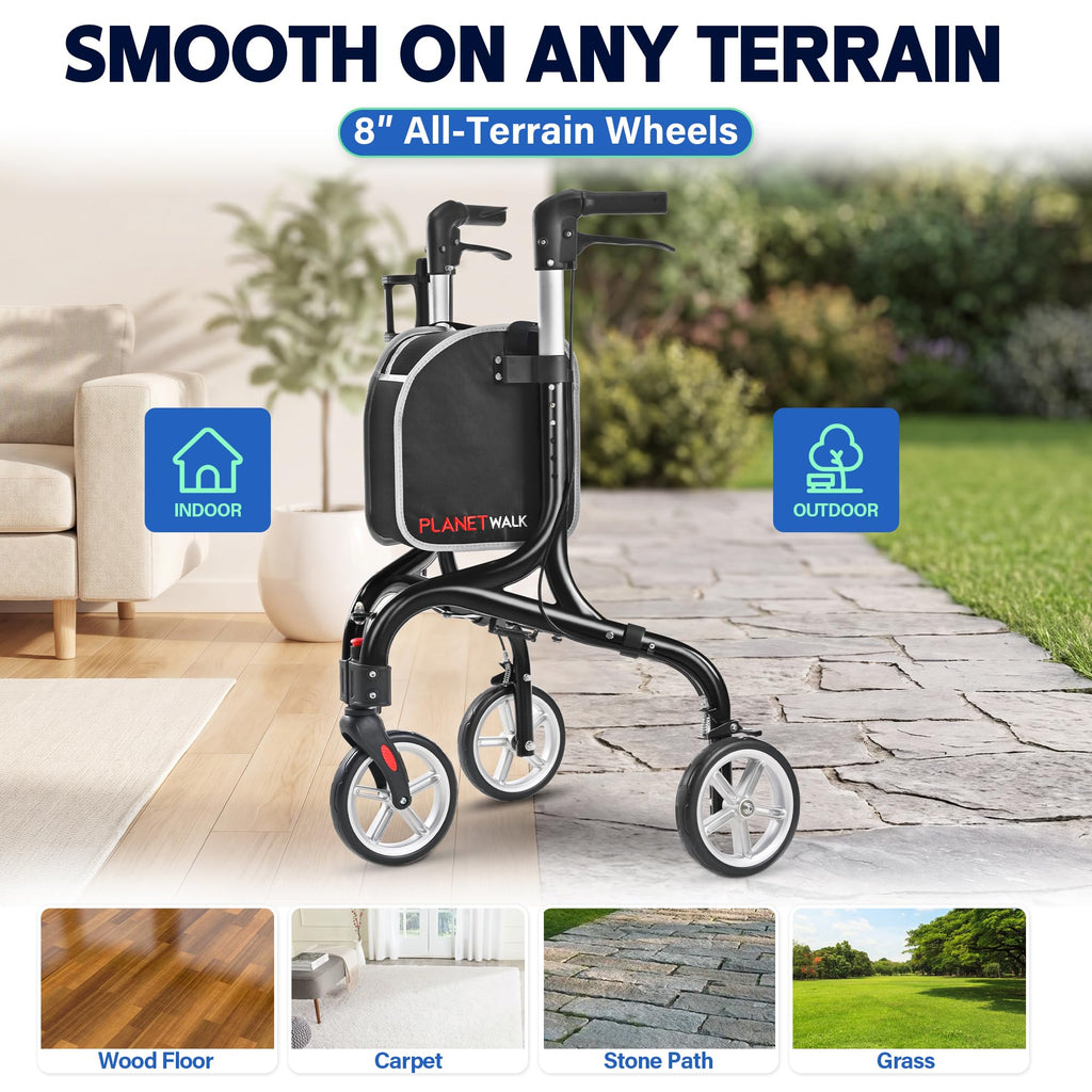 Super Lightweight 3 Wheel Foldable Aluminum Walker with Cup Holder, Black M373251