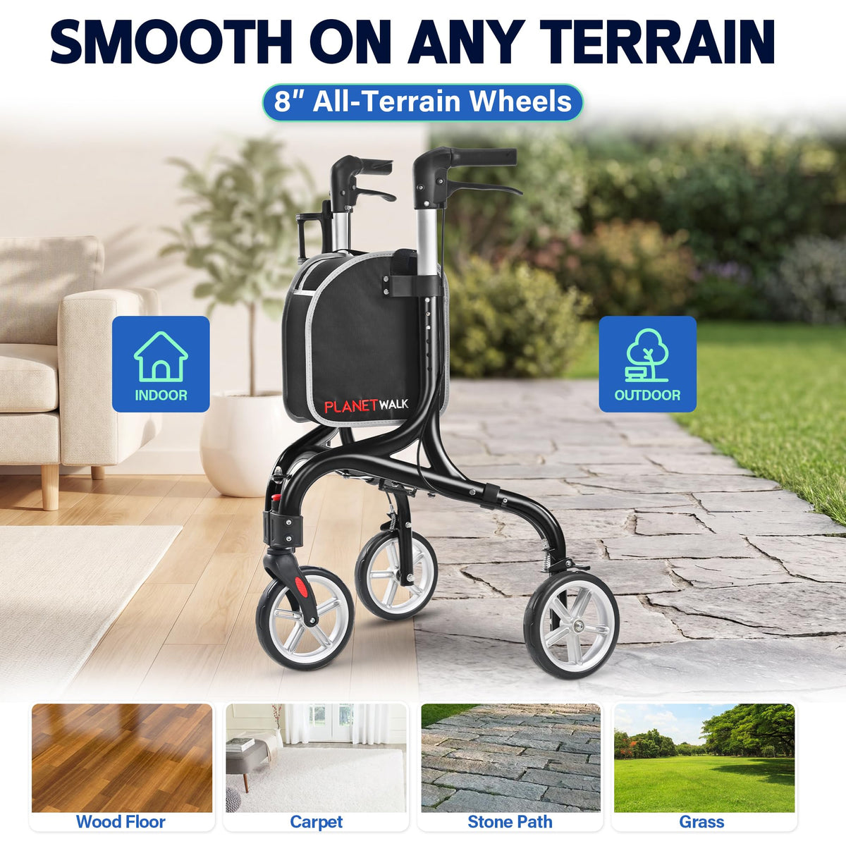 Super Lightweight 3 Wheel Foldable Aluminum Walker with Cup Holder, Black M373251