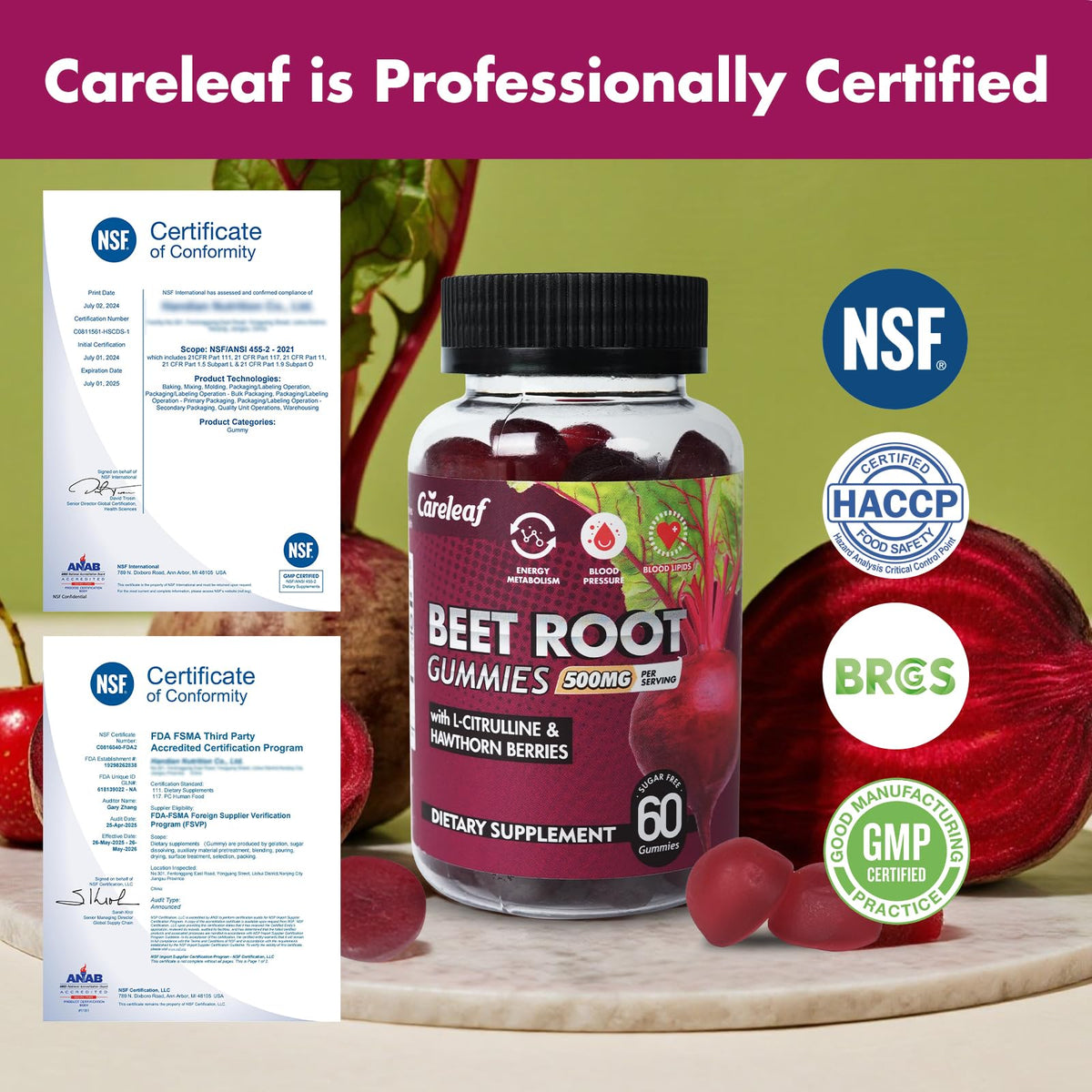 Sugar-Free Vegan Beet Root Gummies with L-Citrulline & Hawthorn Extract, 60 Count B232072