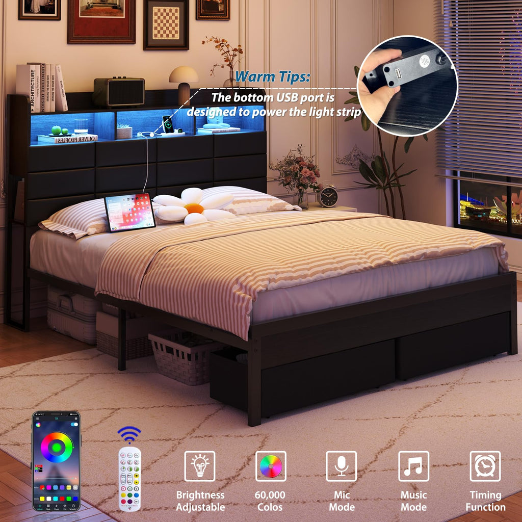 Black Upholstered Bed Frame with Storage Headboard, 4 Drawers, LED Lights, and Charging Station M9086
