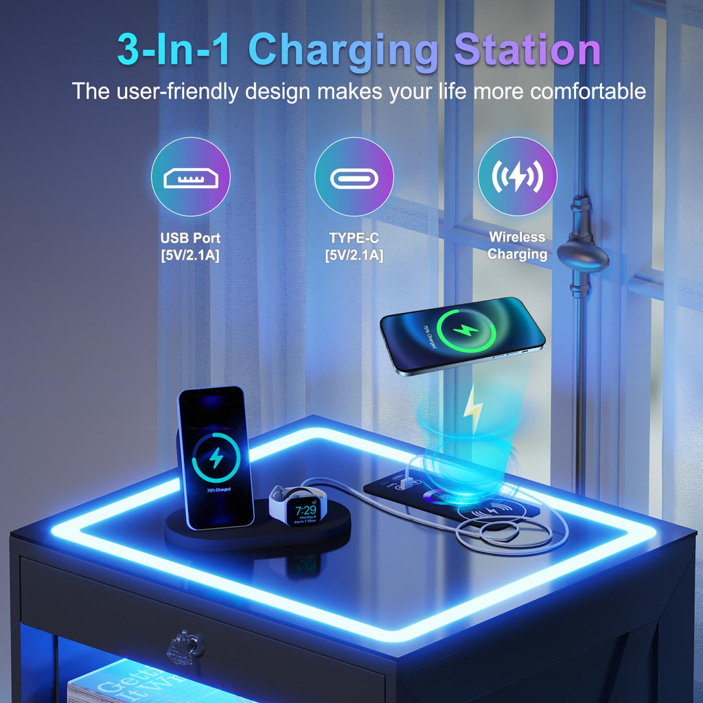 Black Glass Top LED Nightstand with Wireless Charger T567300