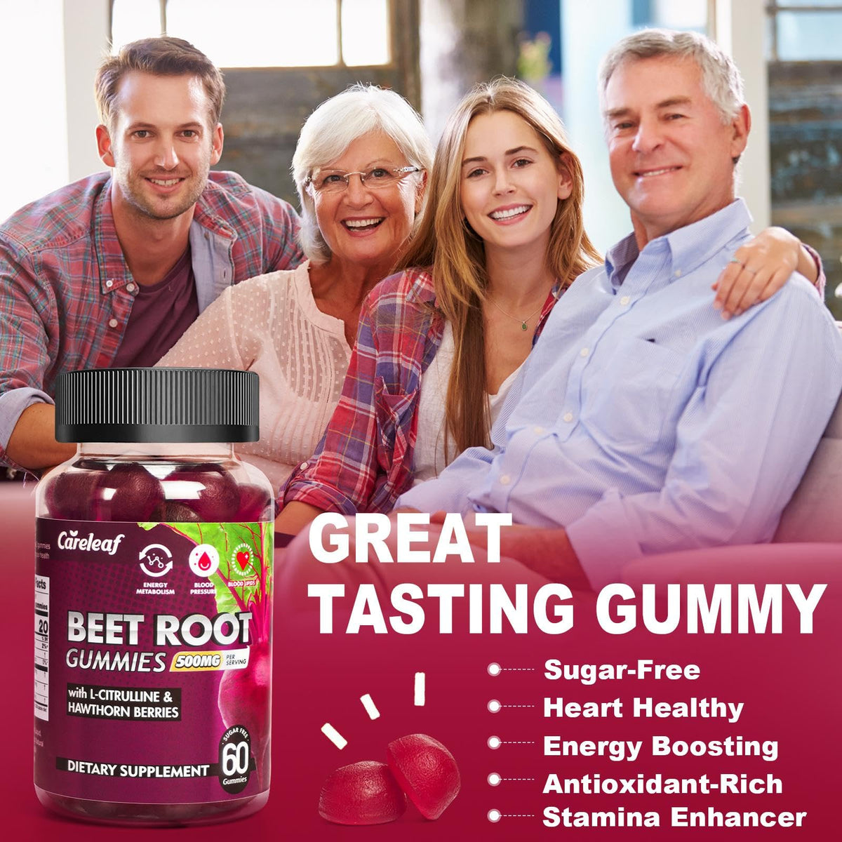 Sugar-Free Vegan Beet Root Gummies with L-Citrulline & Hawthorn Extract, 60 Count B232072