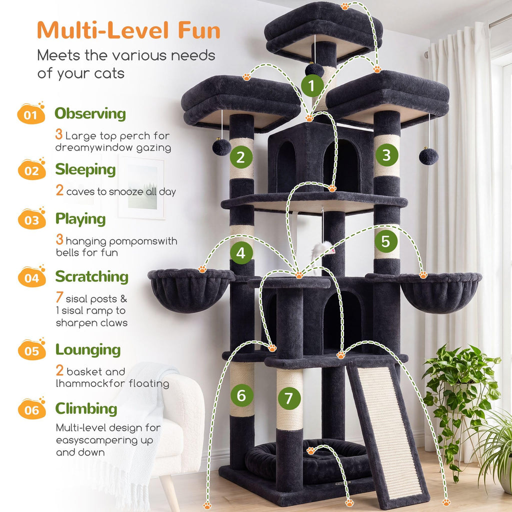 70 Inch Dark Gray Cat Tree with Scratching Post U602932