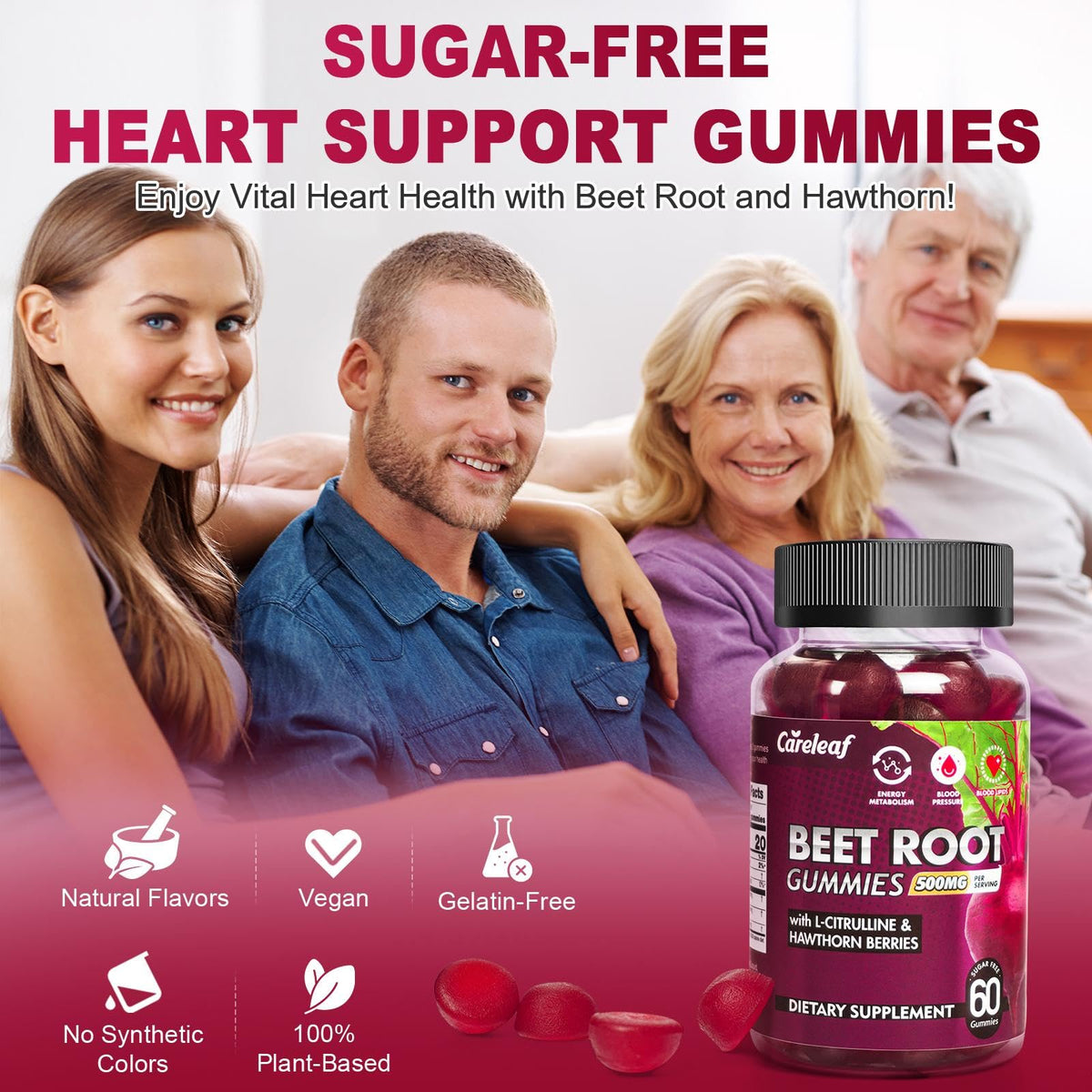 Sugar-Free Vegan Beet Root Gummies with L-Citrulline & Hawthorn Extract, 60 Count B232072