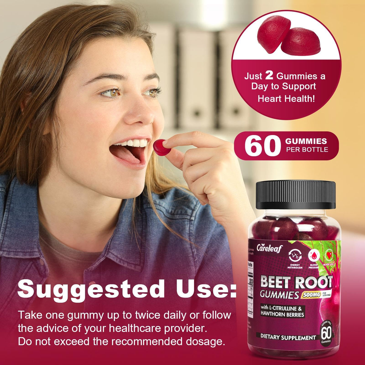 Sugar-Free Vegan Beet Root Gummies with L-Citrulline & Hawthorn Extract, 60 Count B232072