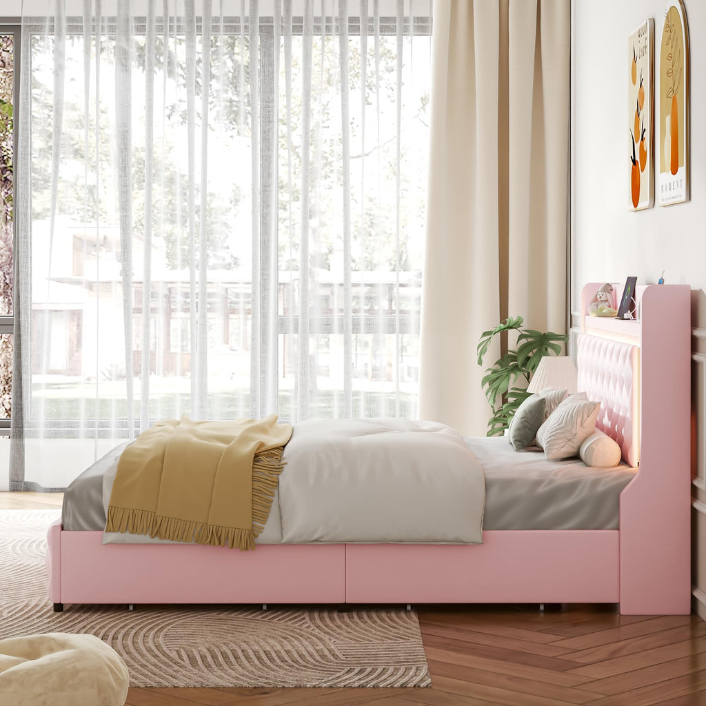 Pink Upholstered Full Size Bed Frame with Storage Headboard and 2 Drawers P901102