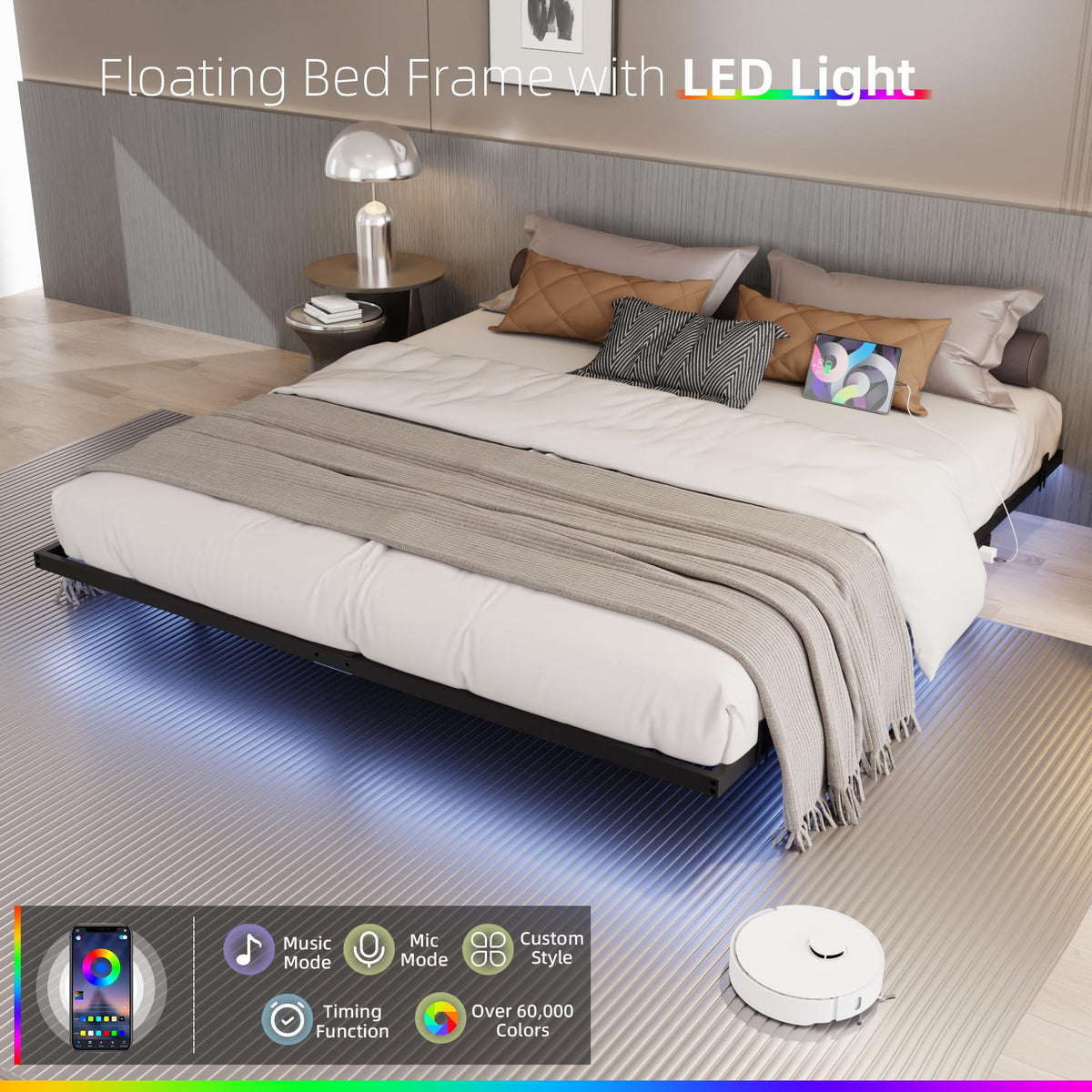 King Size Metal Platform Bed Frame with Charging Station and LED Lights U791