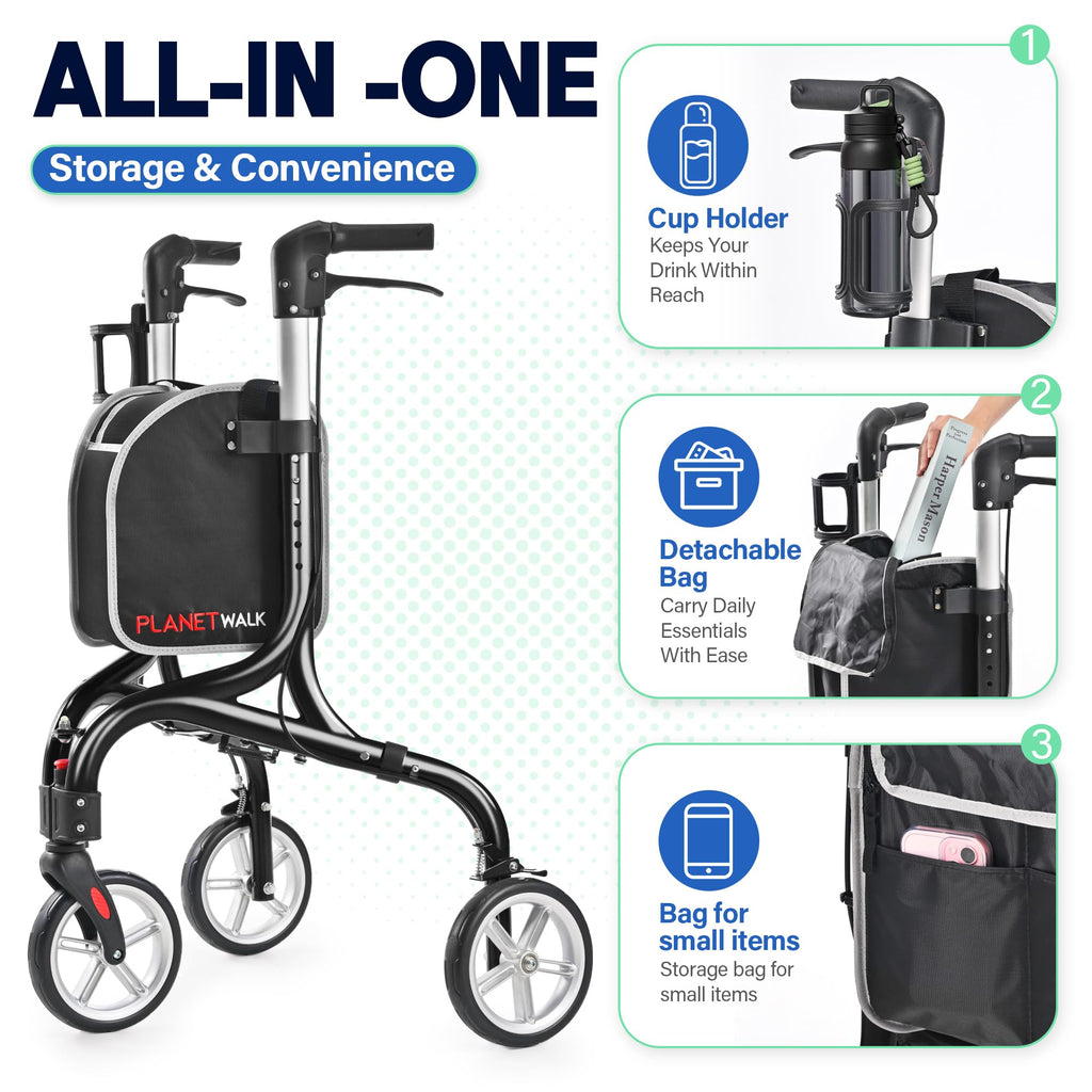 Super Lightweight 3 Wheel Foldable Aluminum Walker with Cup Holder, Black M373251