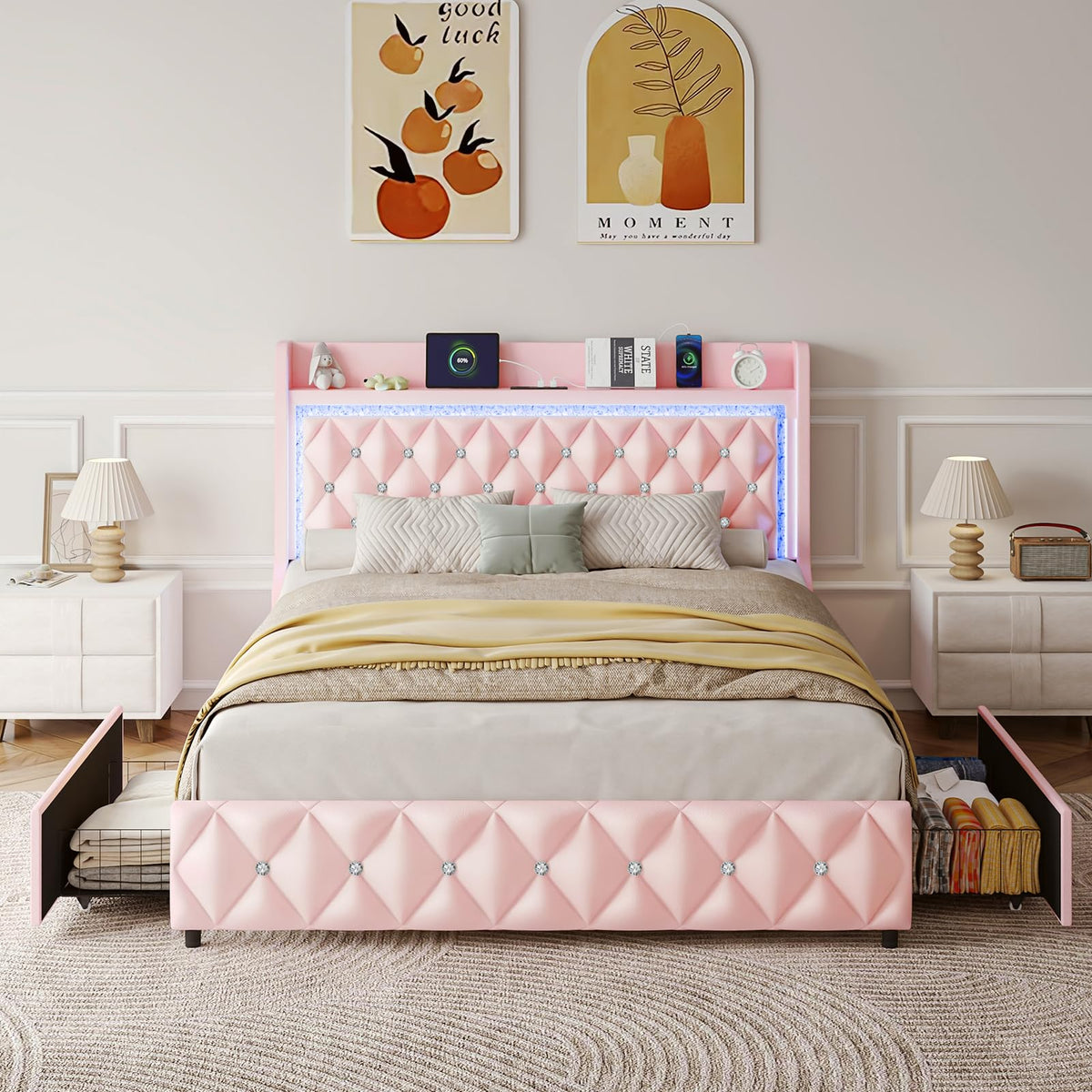 Pink Upholstered Full Size Bed Frame with Storage Headboard and 2 Drawers P901102