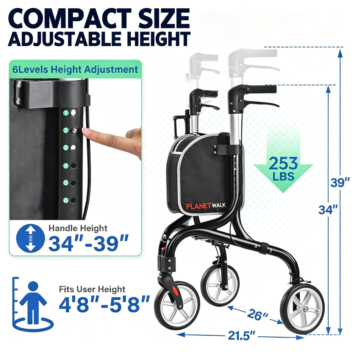 Super Lightweight 3 Wheel Foldable Aluminum Walker with Cup Holder, Black M373251