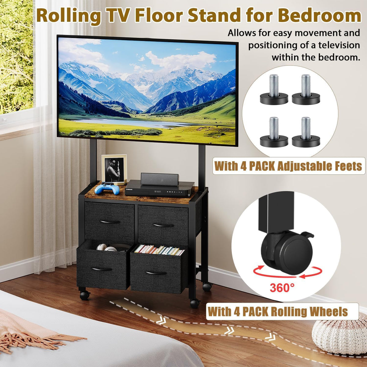 Mobile TV Cart Rolling TV Stand with 4 Drawer for 23-60 inch Screens J575490