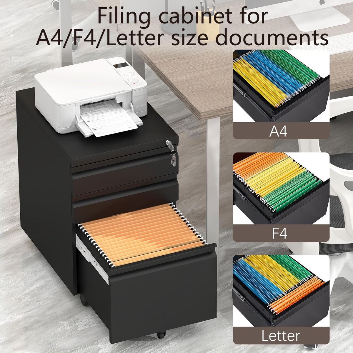 Black 3 Drawer Metal File Cabinet with Lock Q557