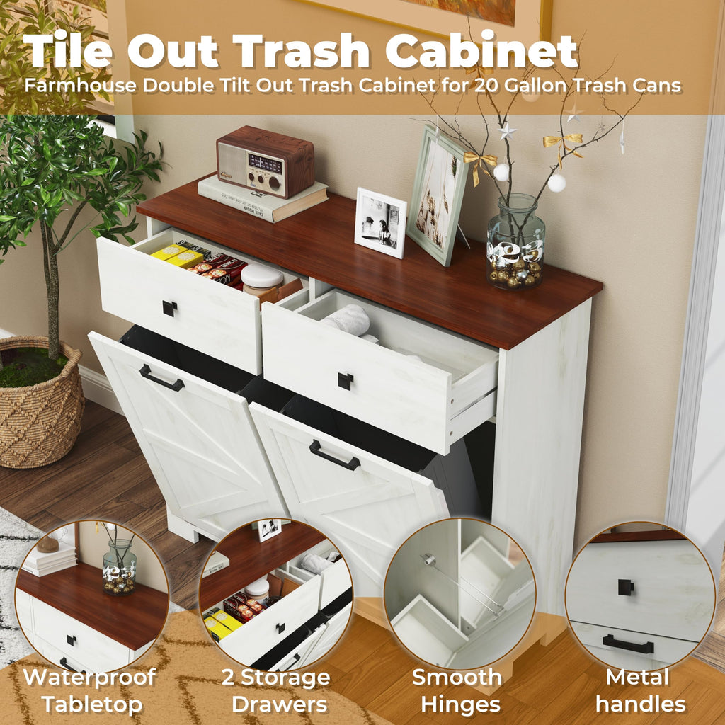 White 20 Gallon Wooden Tilt Out Trash Cabinet V93399