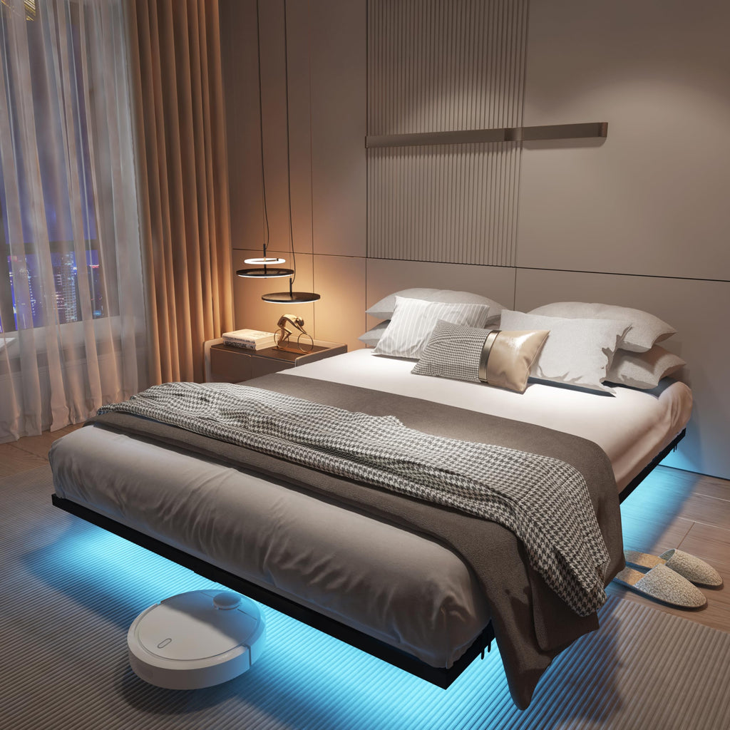 King Size Metal Platform Bed Frame with Charging Station and LED Lights U791
