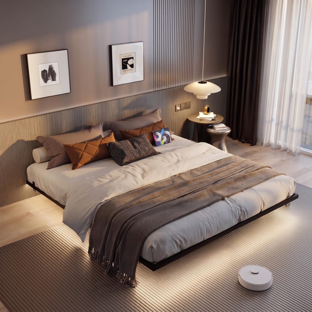 King Size Metal Platform Bed Frame with Charging Station and LED Lights U791