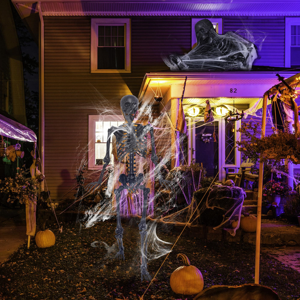5.4Ft Poseable Skeleton with Spider Webs and Fake Spiders J9511
