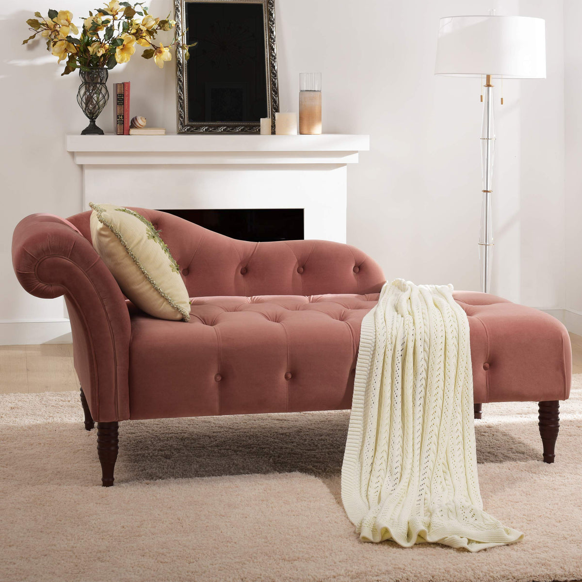Ash Rose Pink Velvet Tufted Roll Arm Chaise Lounge B840617